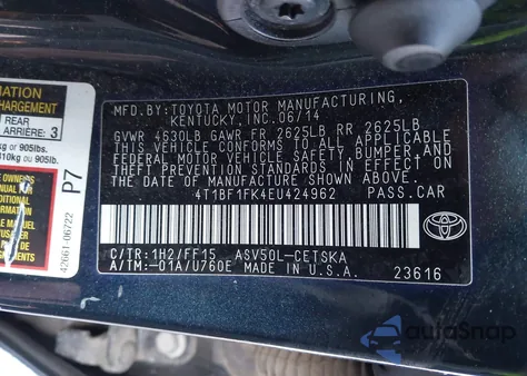 2014 Toyota Camry Se из США, поврежденный, VIN 4T1BF1FK4EU424962